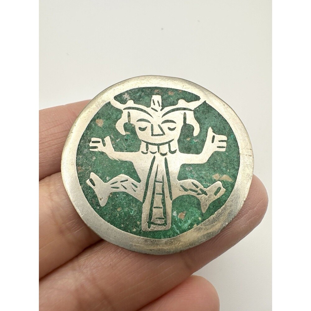 Inlaid Stone Alpaca Mexico Brooch Pendant Silver Tone Vintage Green Malachite